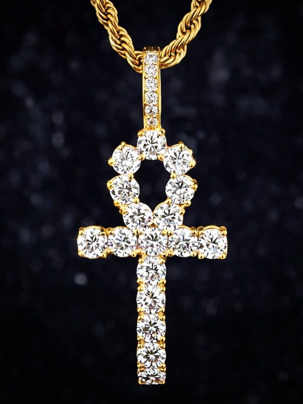 Simulated Diamond Stainless steel Ankh Chain